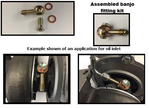 *RESTRICTOR* LONG Banjo style low profile -4 AN oil feed kit, incl. bolt GT25 to GTX28 GTX30/35 G35